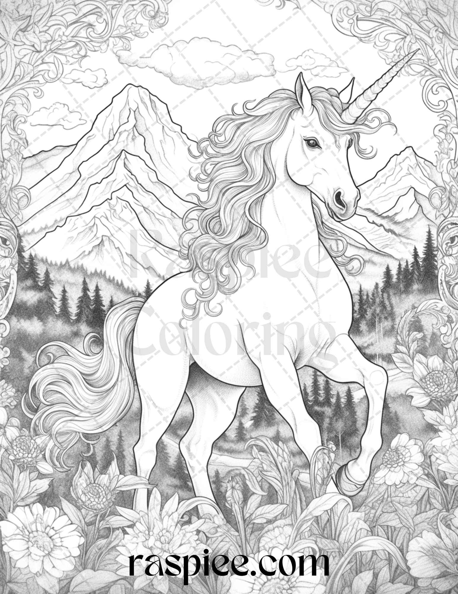 Enchanted unicorns grayscale coloring pages printable for adults p â coloring