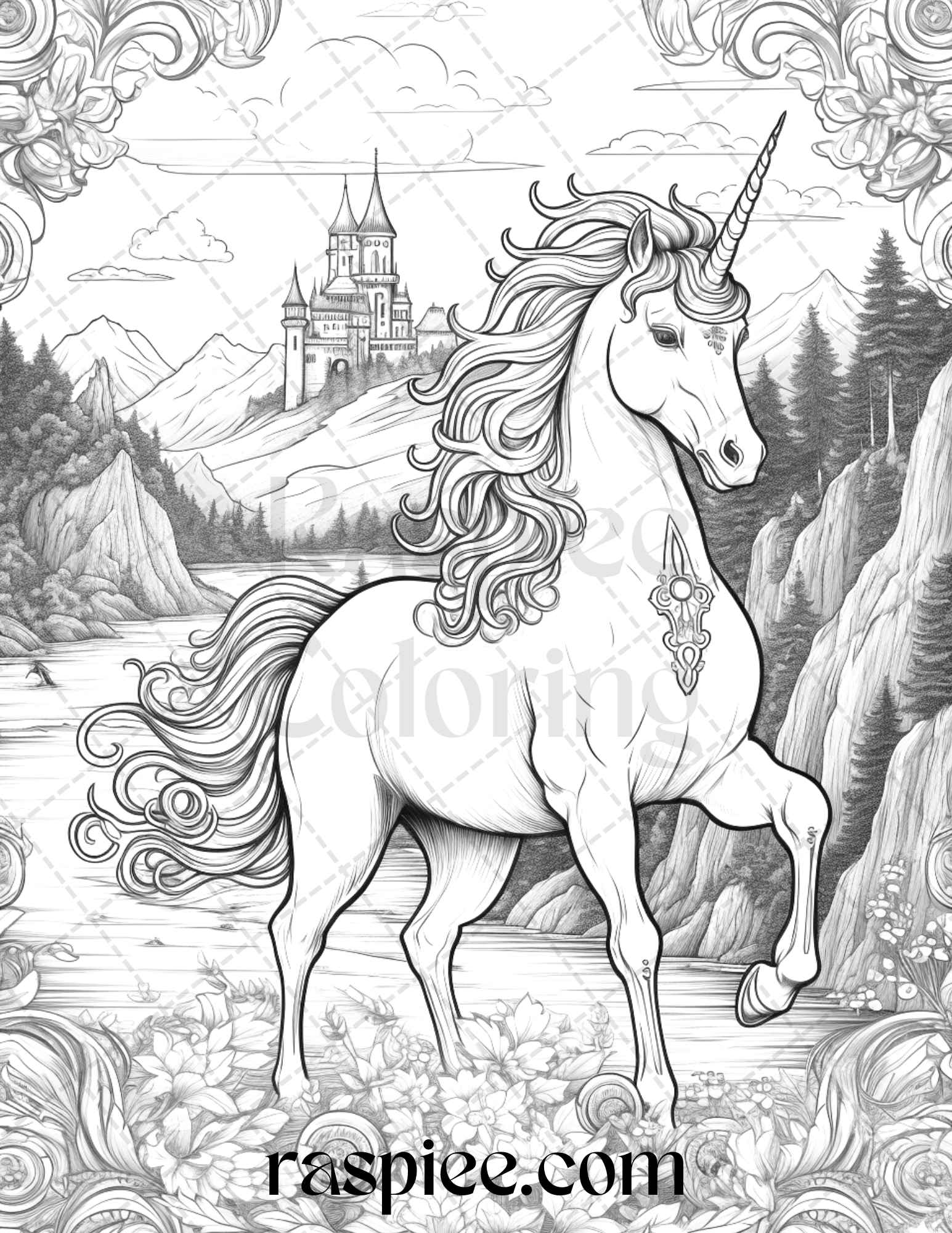 Enchanted unicorns grayscale coloring pages printable for adults p â coloring