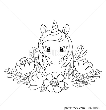 Kids coloring book with cute unicorn and