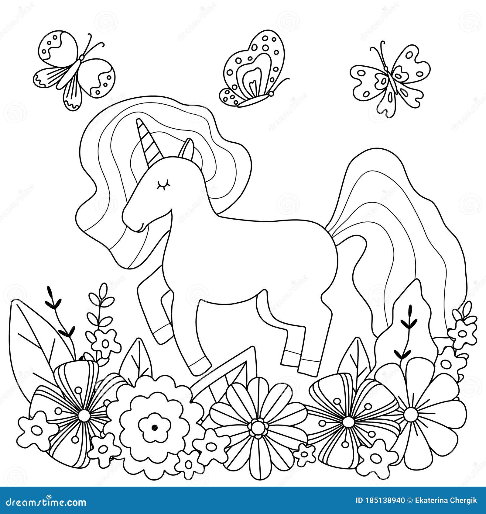 Kids coloring page with cute unicorn and flowers stock vector