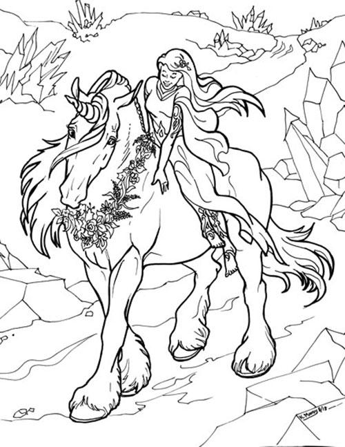 Girl on unicorn coloring page