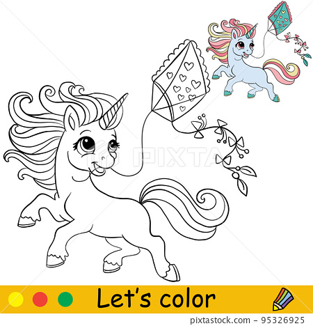 Cartoon girl unicorn with kite coloring book