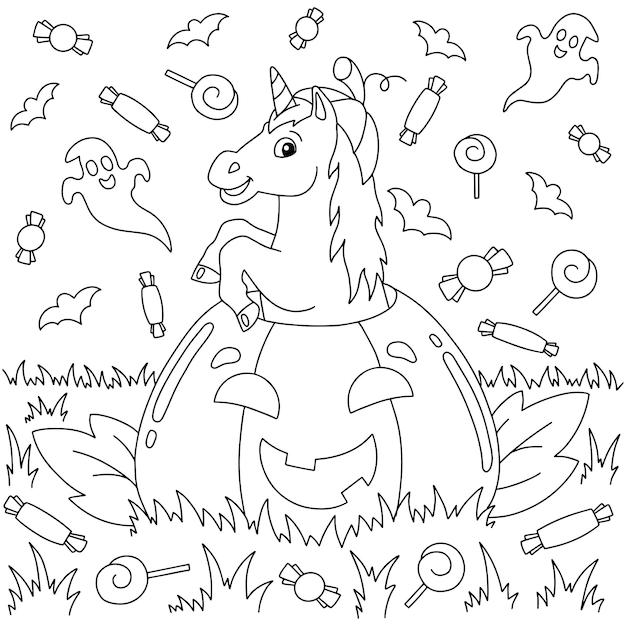 Premium vector funny unicorn jumping out of a pumpkin for halloween holiday coloring book page for kids