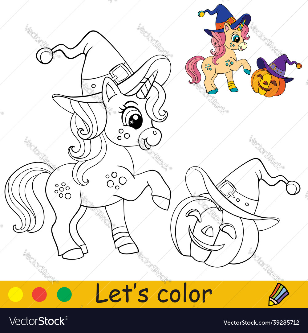 Cute unicorn witch coloring book page halloween vector image