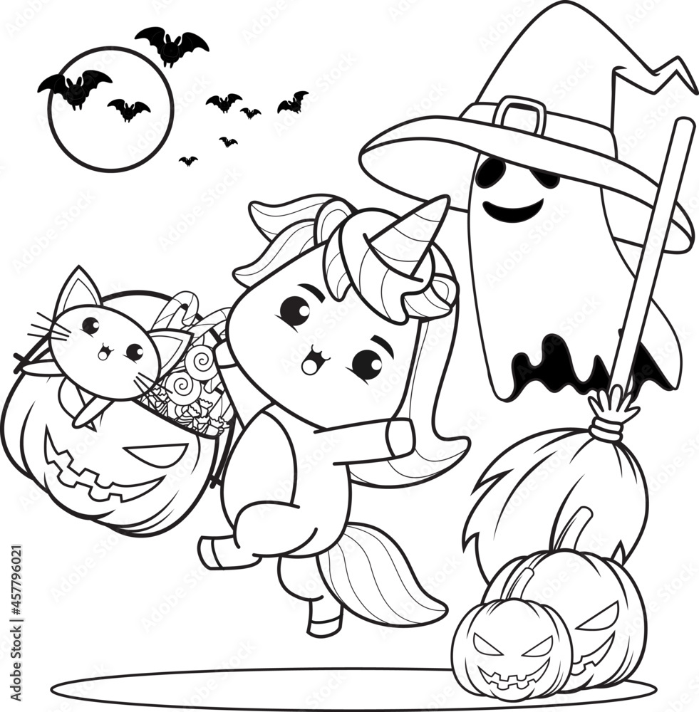 Halloween coloring book with cute unicorn vector