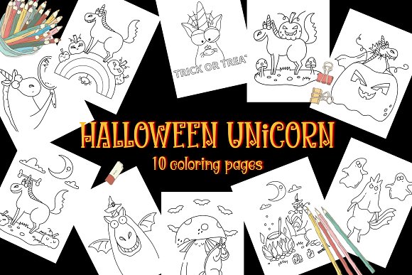 Coloring pages halloween unicorn education illustrations creative market