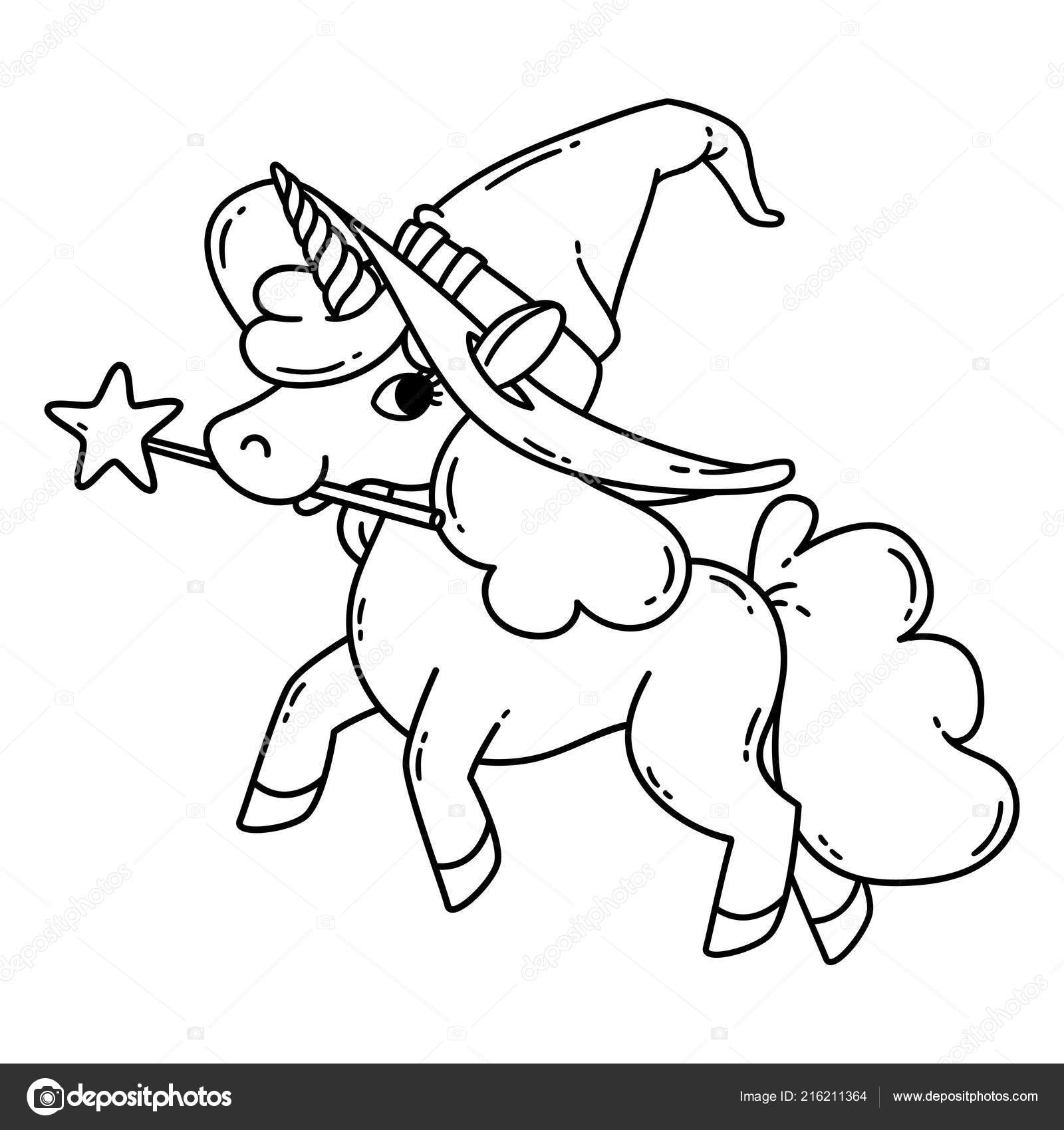 Halloween unicorn magic wand witch hat cute doodle art magic stock vector by marumayfay