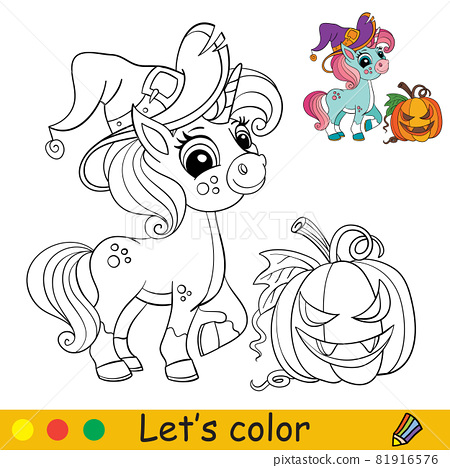 Cute witch unicorn coloring book page halloween