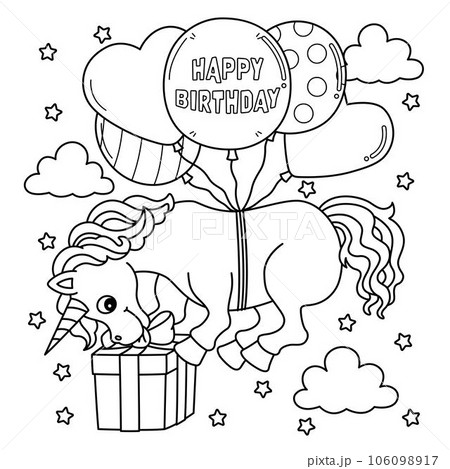 Happy birthday unicorn coloring page for kids