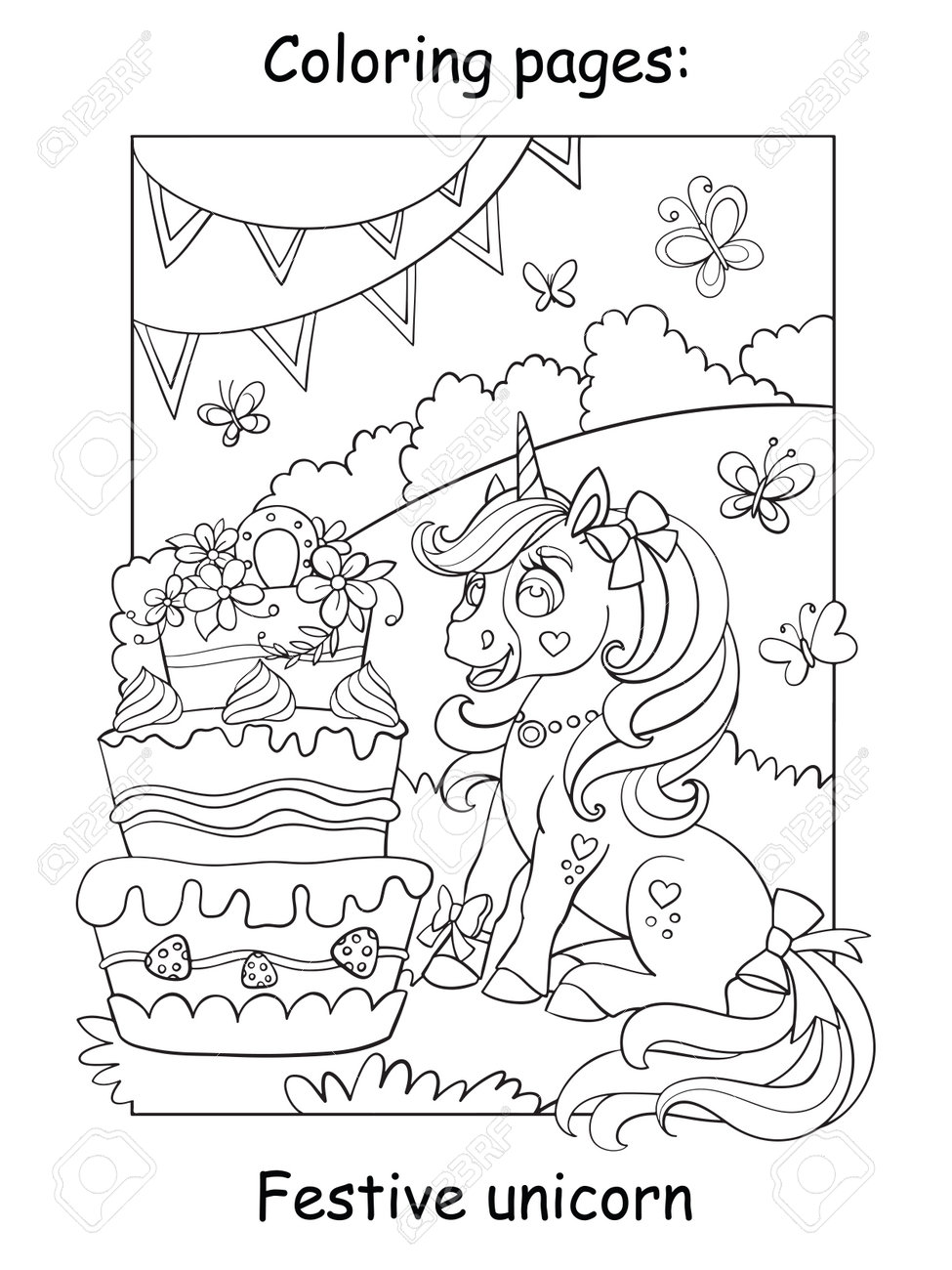 Cute unicorn celebrating a birthday on meadow with big cake coloring book page vector cartoon illustration isolated on white background for coloring book preschool education print and game royalty free svg cliparts