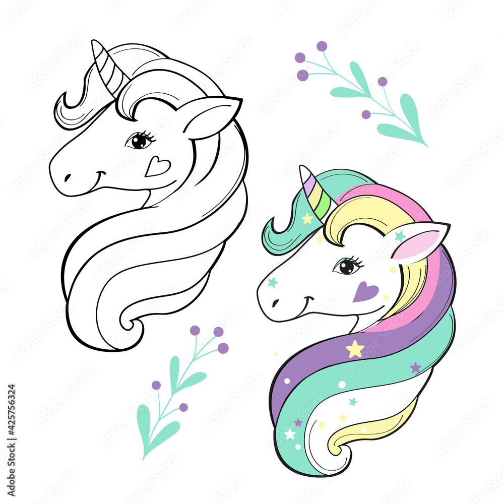 Cute unicorn head isolated vector illustration coloring book for children vector