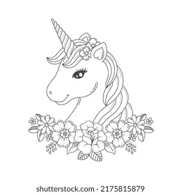 Unicorn head flowers wreath coloring page stock vector royalty free