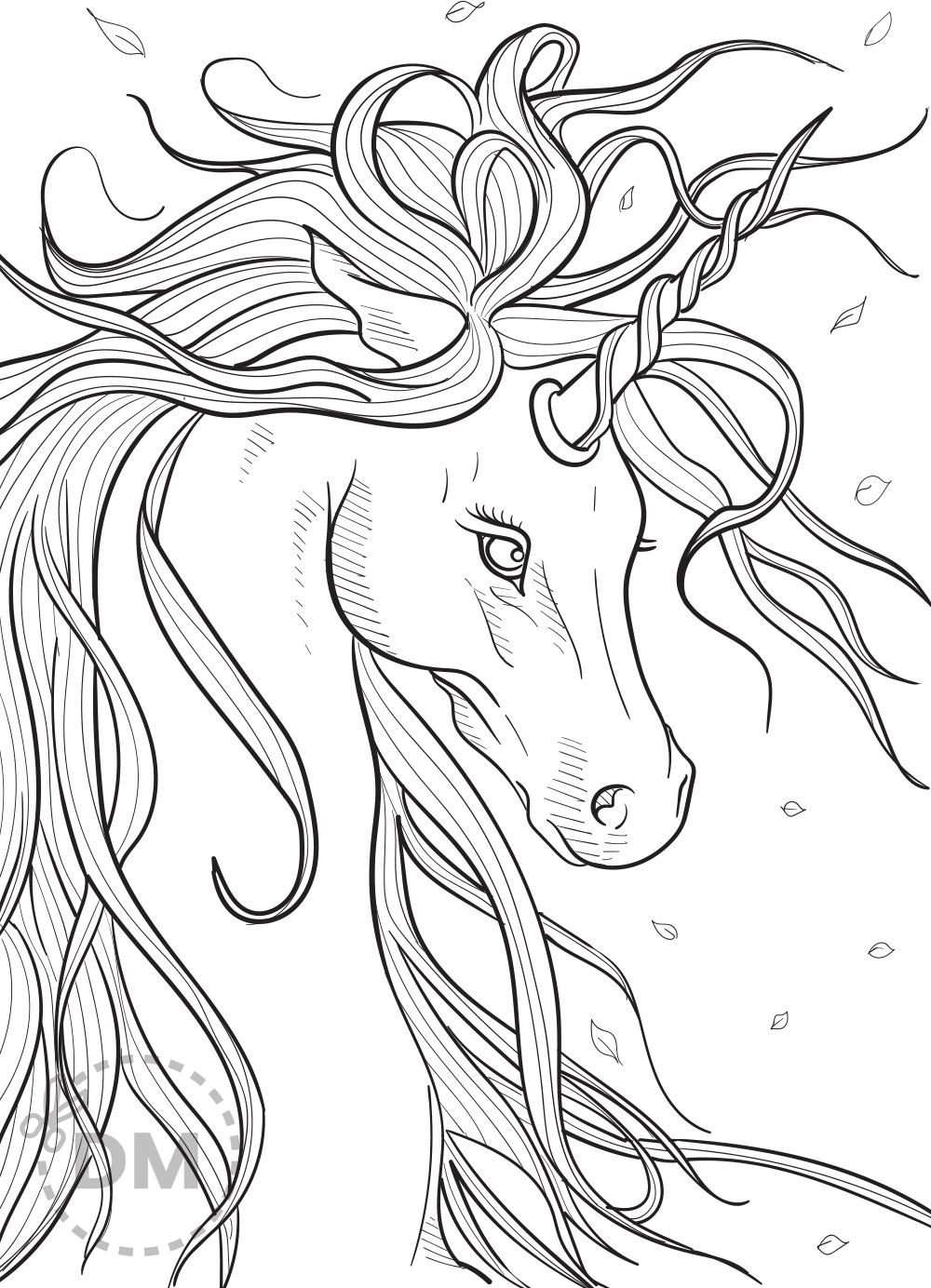 Unicorn head coloring page for teens and adults