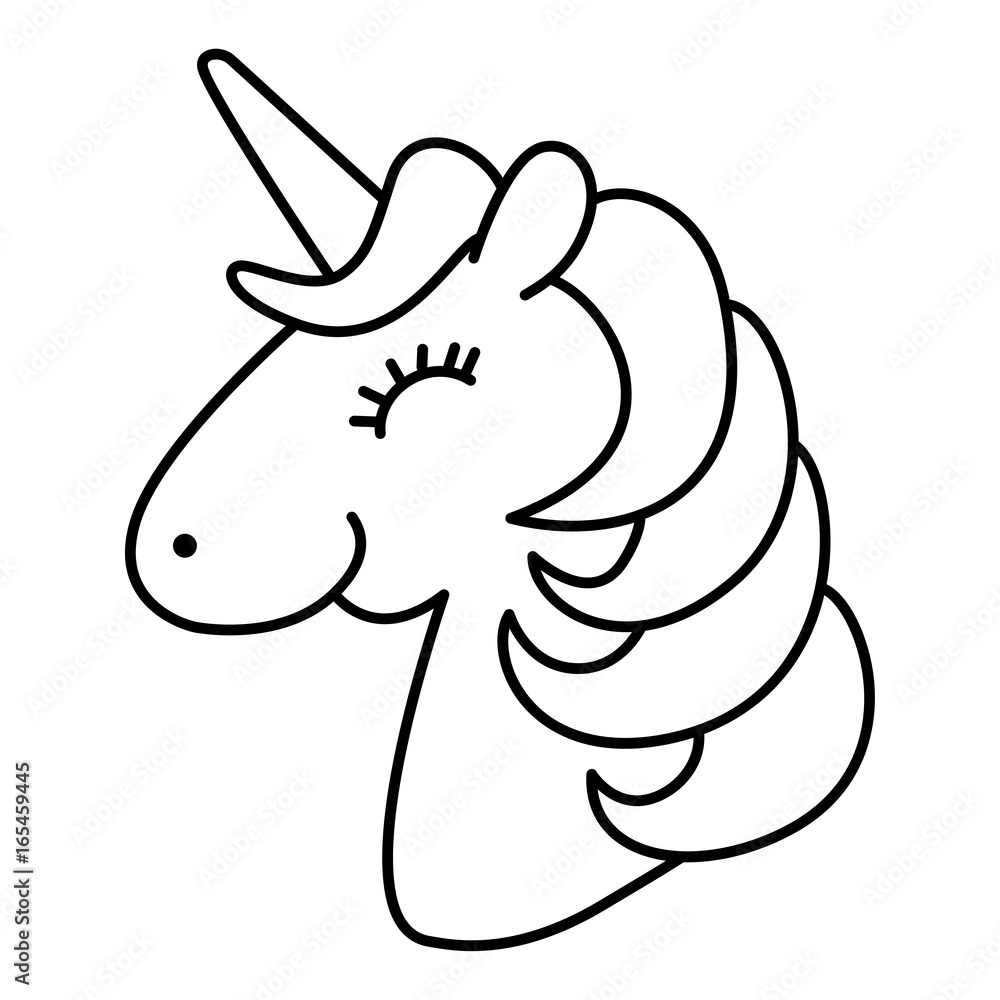 Unicorn head smile and happy cartoon line art coloring page vector