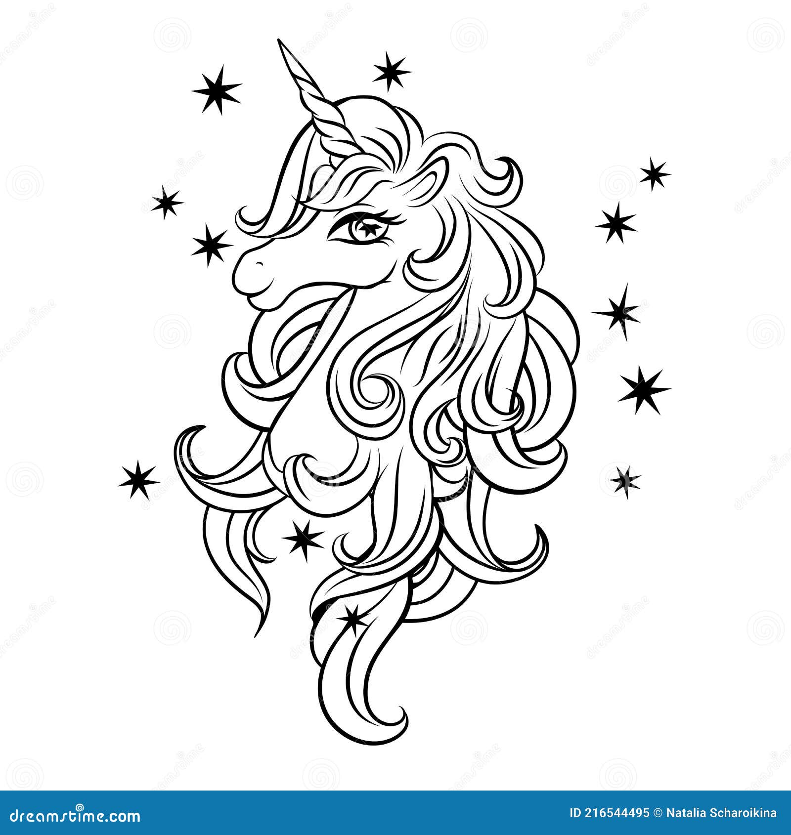 Head of a cute magical unicorn with stars black outline of a unicorn head coloring book stock vector