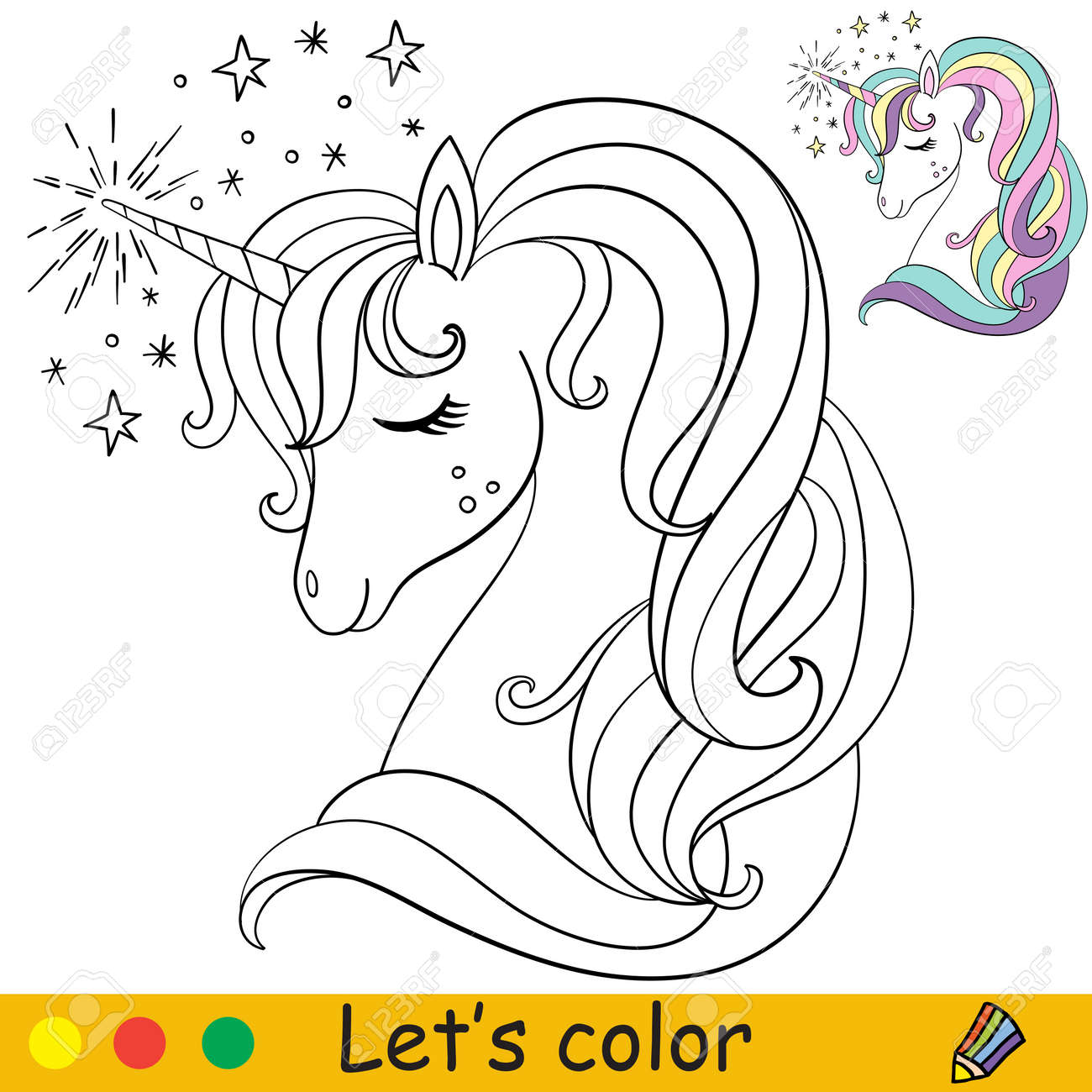 Cute dreaming unicorn head coloring book page with color template vector cartoon illustration for kids coloring card print design decor and puzzle royalty free svg cliparts vectors and stock illustration image