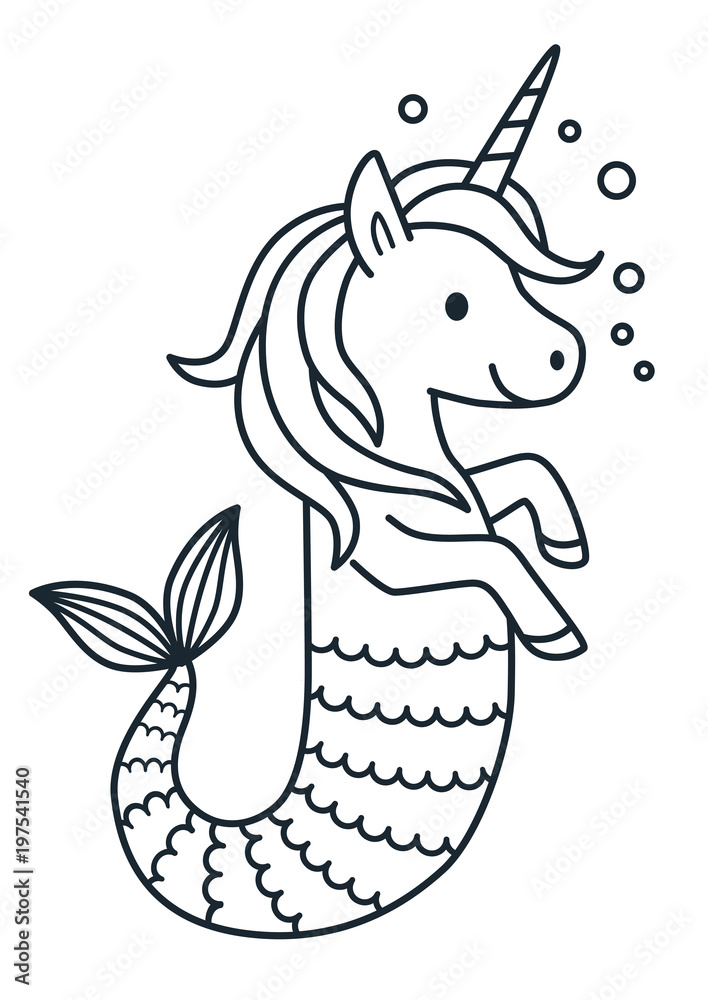 Cute unicorn mermaid vector coloring page cartoon illustration magical creature with unicorn head and body and fish tail dreaming magic believe in yourself fairy tale mythical theme element vector