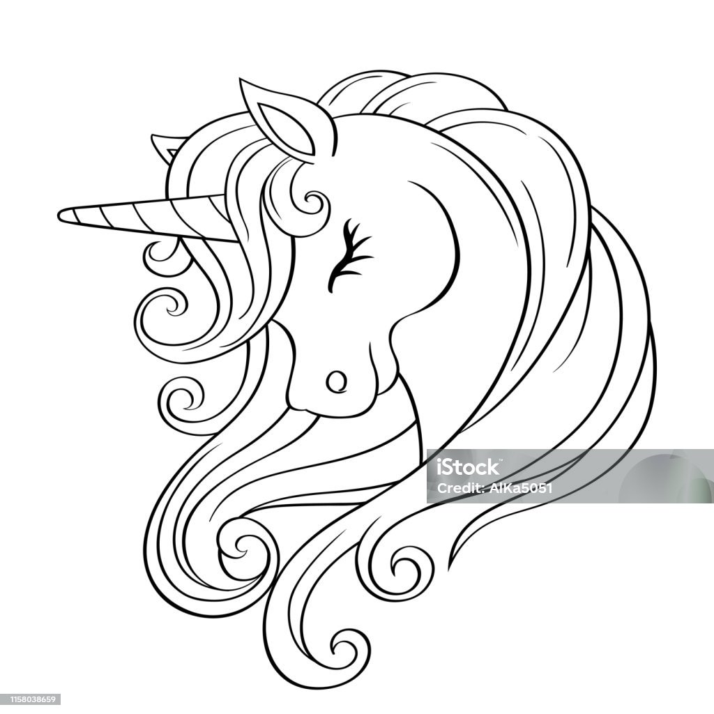Cute cartoon unicorn head with rainbow mane black and white vector illustration for coloring book stock illustration