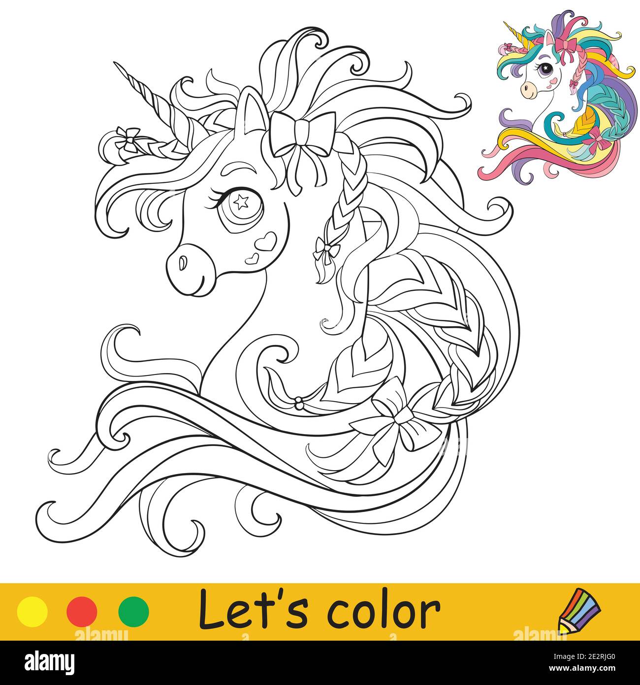 Cute unicorn head with long mane and ribbons coloring book page with colorful template vector cartoon illustration isolated on white background for stock vector image art