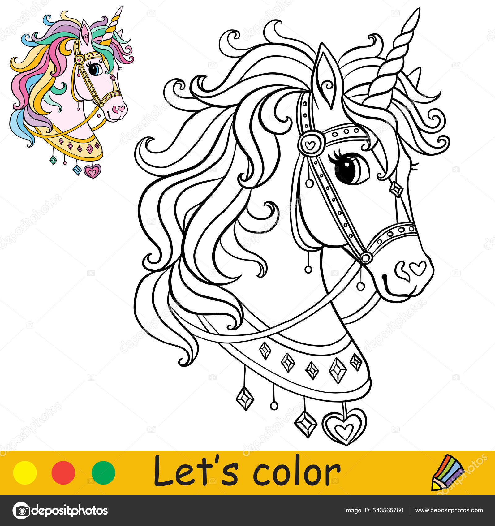 Cute unicorn head bridle coloring book page color template vector stock vector by alinart
