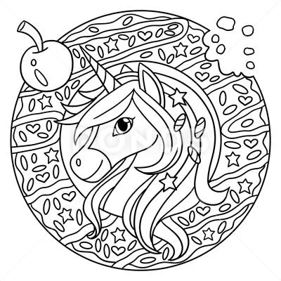 Unicorn head in a donut coloring page for kids graphic