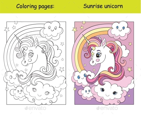 Coloring unicorn head with rainbow and clouds by alina