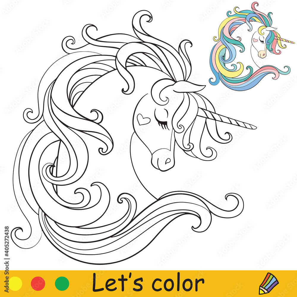 Cute unicorn head with long mane coloring book page with colorful template vector cartoon illustration isolated on white background for coloring book preschool education print and game vector