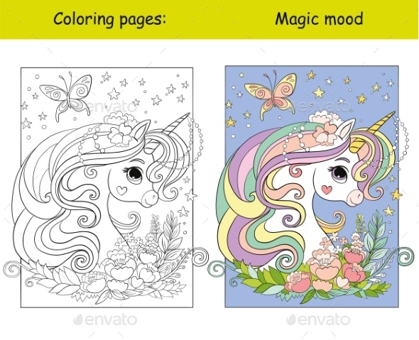 Cute beautiful unicorn head and flowers coloring vectors