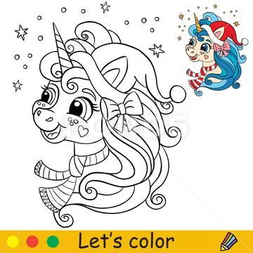 Coloring with template christmas unicorn head vector illustration royalty free