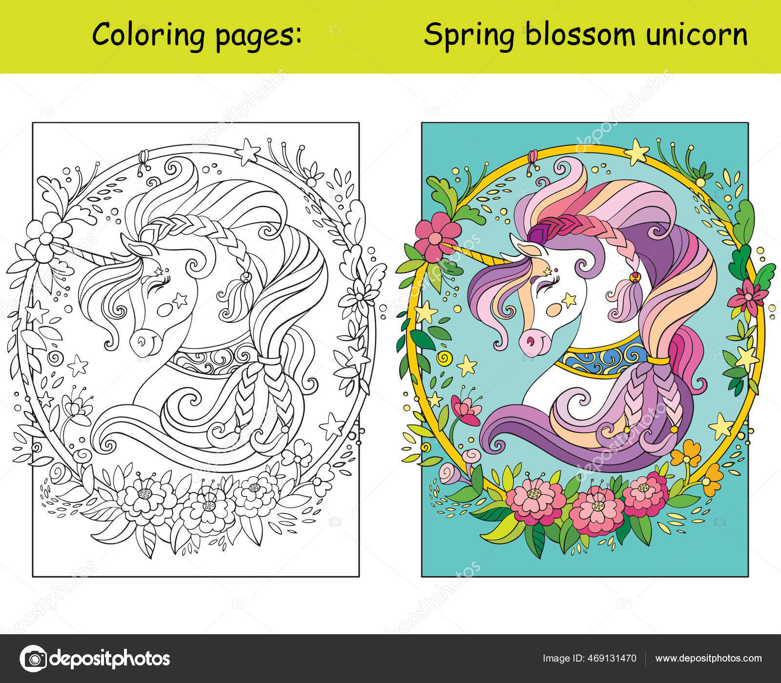 Beauty unicorn head wreath flowers coloring book page children colorful stock vector by alinart