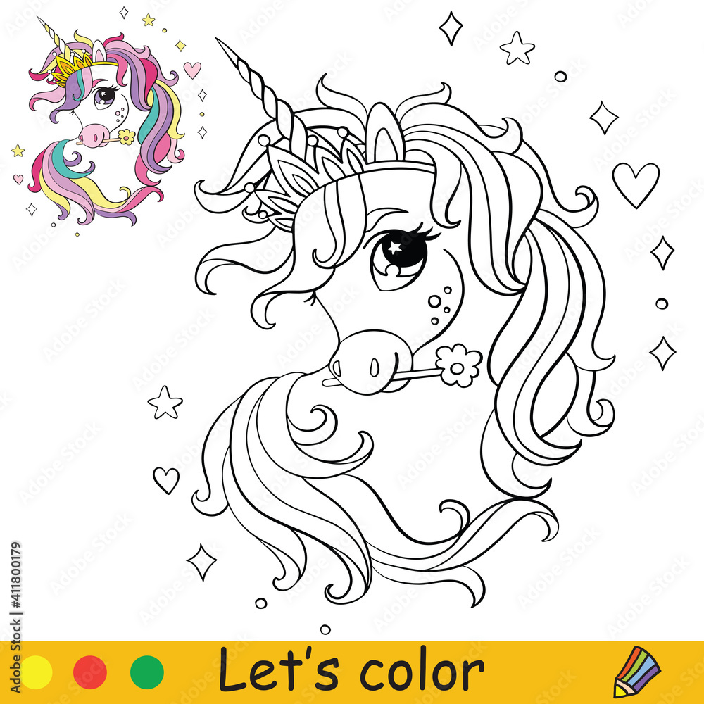 Cute little head of unicorn coloring book page with colorful template vector cartoon illustration isolated on white background for coloring book preschool education print design decor and game vector