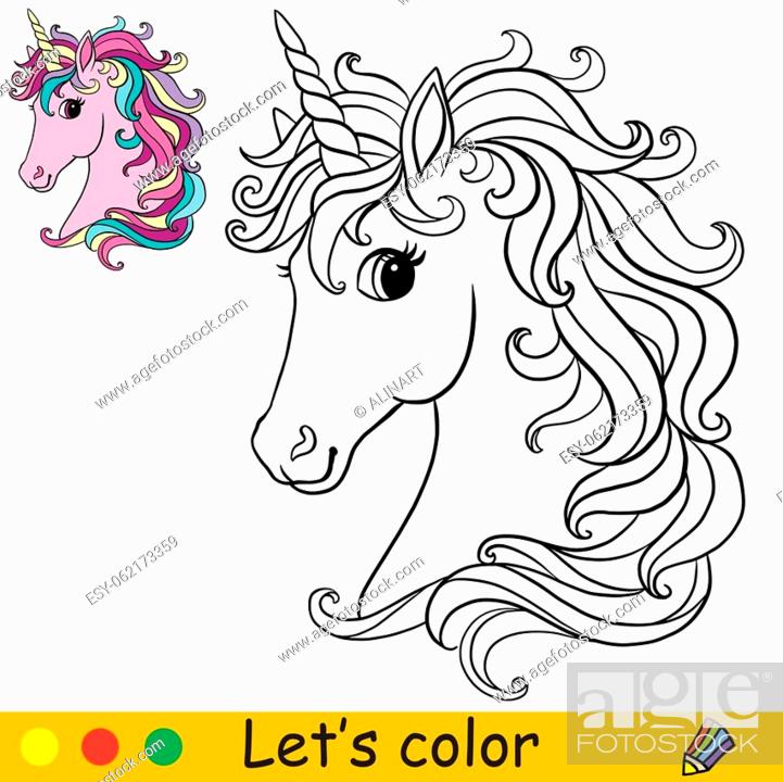 Cute pink unicorn head coloring book page with color template stock vector vector and low budget royalty free image pic esy