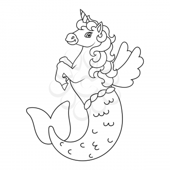 Cute mermaid unicorn magic fairy horse coloring book page for kids cartoon style vector illustration isolated on white background school edition