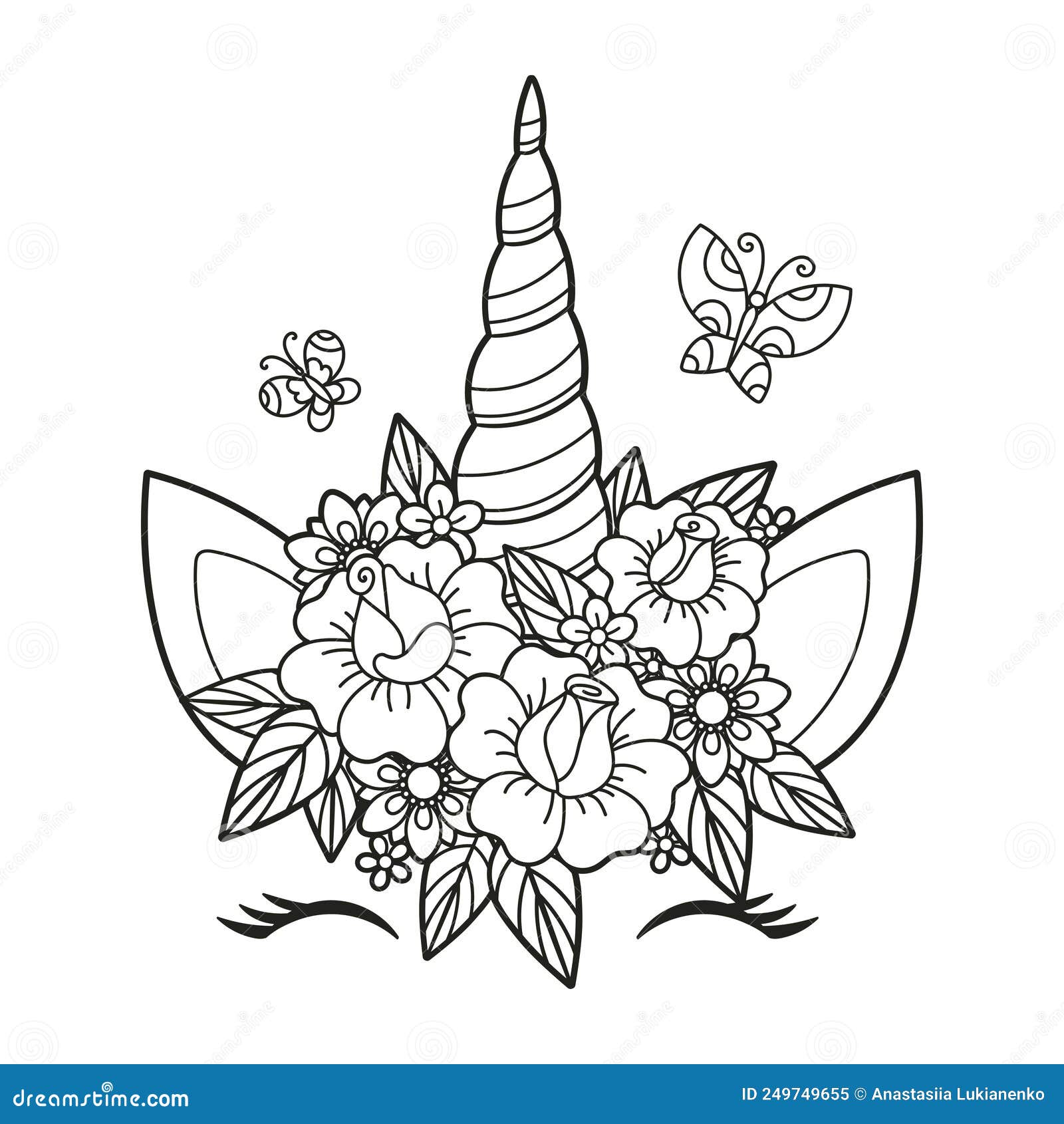 Beautiful unicorn horn with flowers black and white linear drawing vector stock vector
