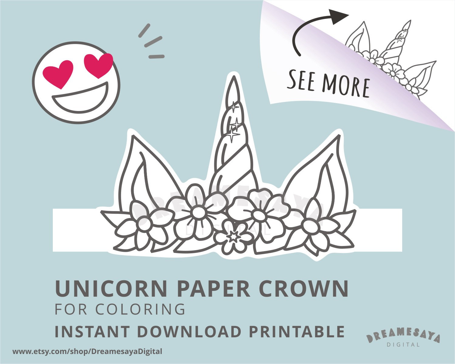 Printable unicorn horn and ears paper hat unicorn coloring page instant download paper crown kids party favor download now