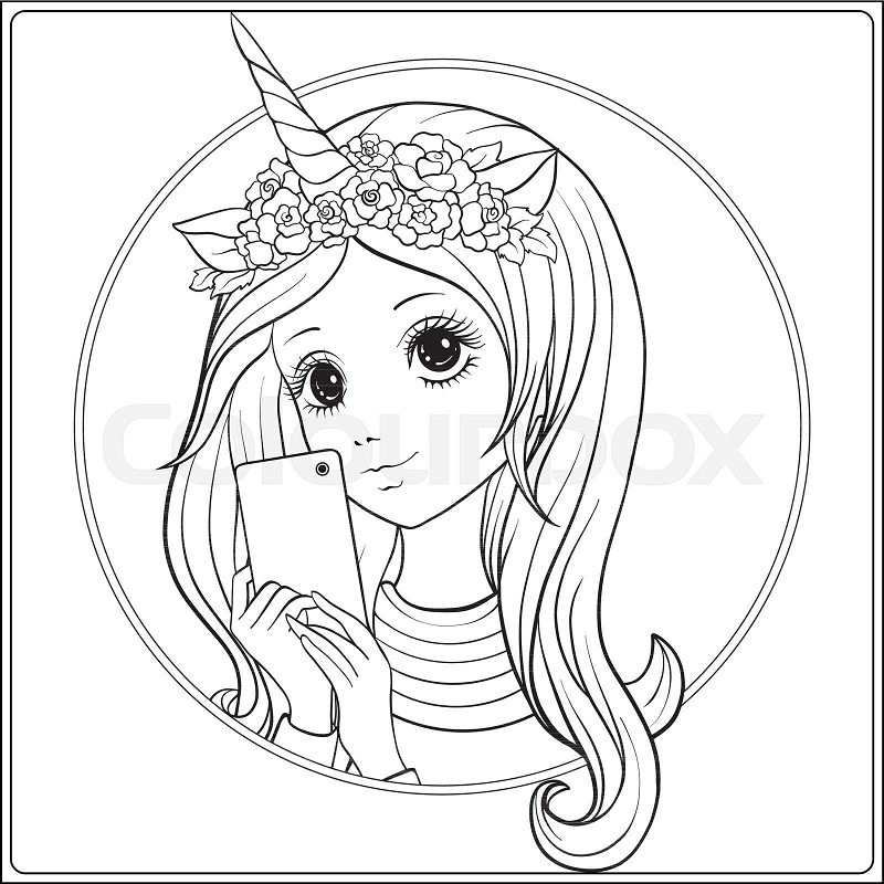 Young nice girl with long hear and unicorn horn and roses on her stock vector