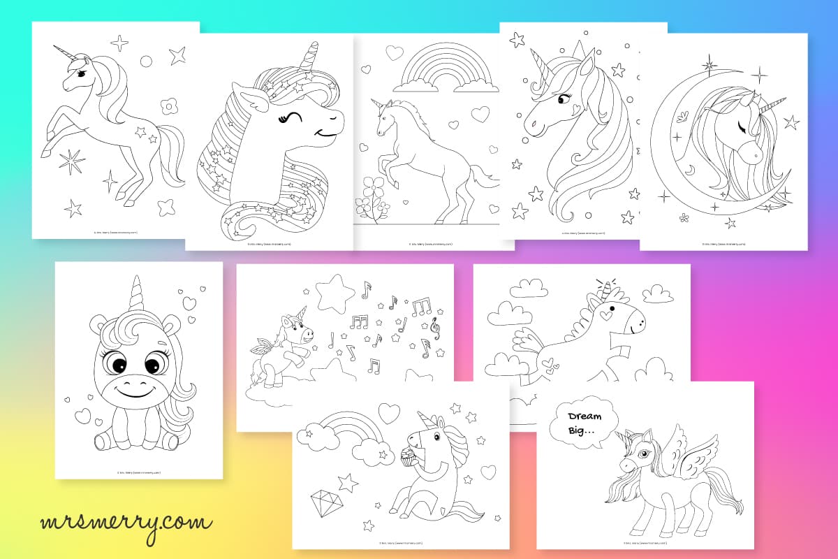 Free magical unicorn coloring page printables for kids mrs merry