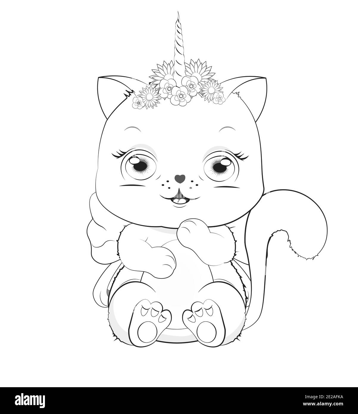 Coloring book white cat girl kitten with bow unicorn horn picture in hand drawing cartoon style for print design greeting birthday card postcard stock vector image art