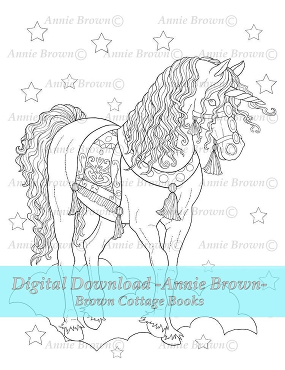 Unicorns coloring page fantasy horses line art instant download printable star unicorn by annie brown hand