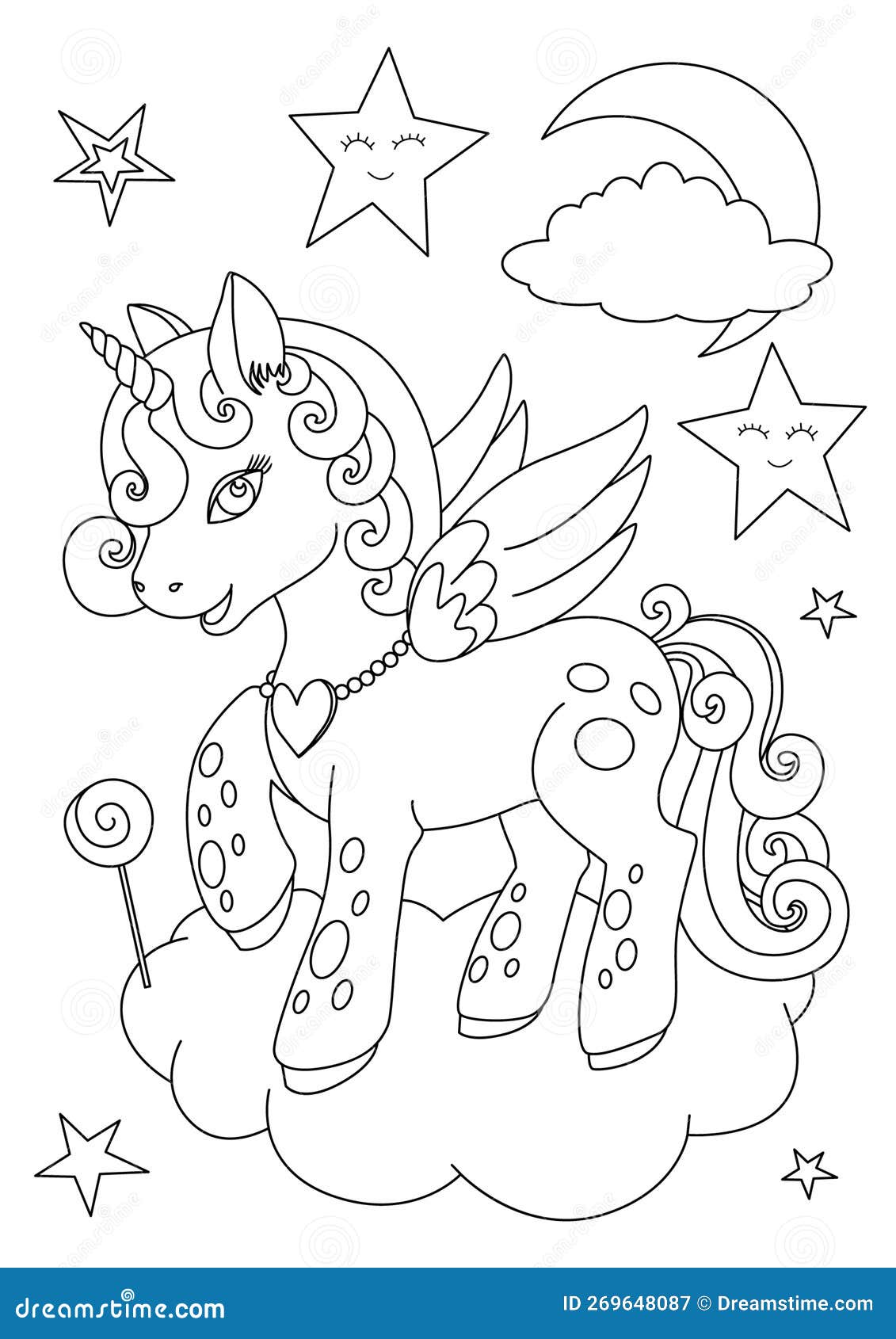 Unicorn outline children s coloring book fairy tale unicorn magic horse coloring page stock vector