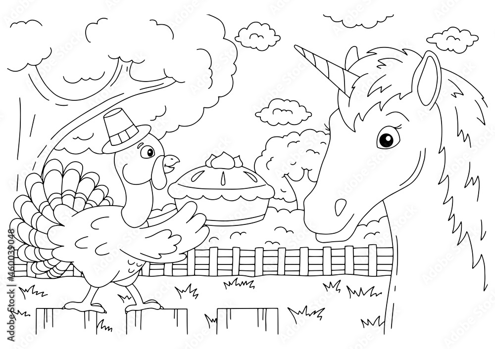 A farm turkey carries a pumpkin pie cute unicorn magic fairy horse coloring book page for kids thanksgiving day cartoon style vector illustration isolated on white background vector