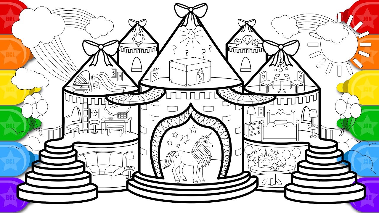 Glitter unicorn house coloring and drawing for kids how to draw a unicorn house coloring page