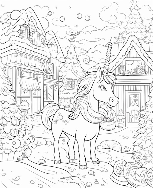 Premium ai image a coloring page with a unicorn standing in front of a house generative ai