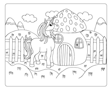 Premium vector cute horse unicorn and fantasy mushroom house on nature background sketch