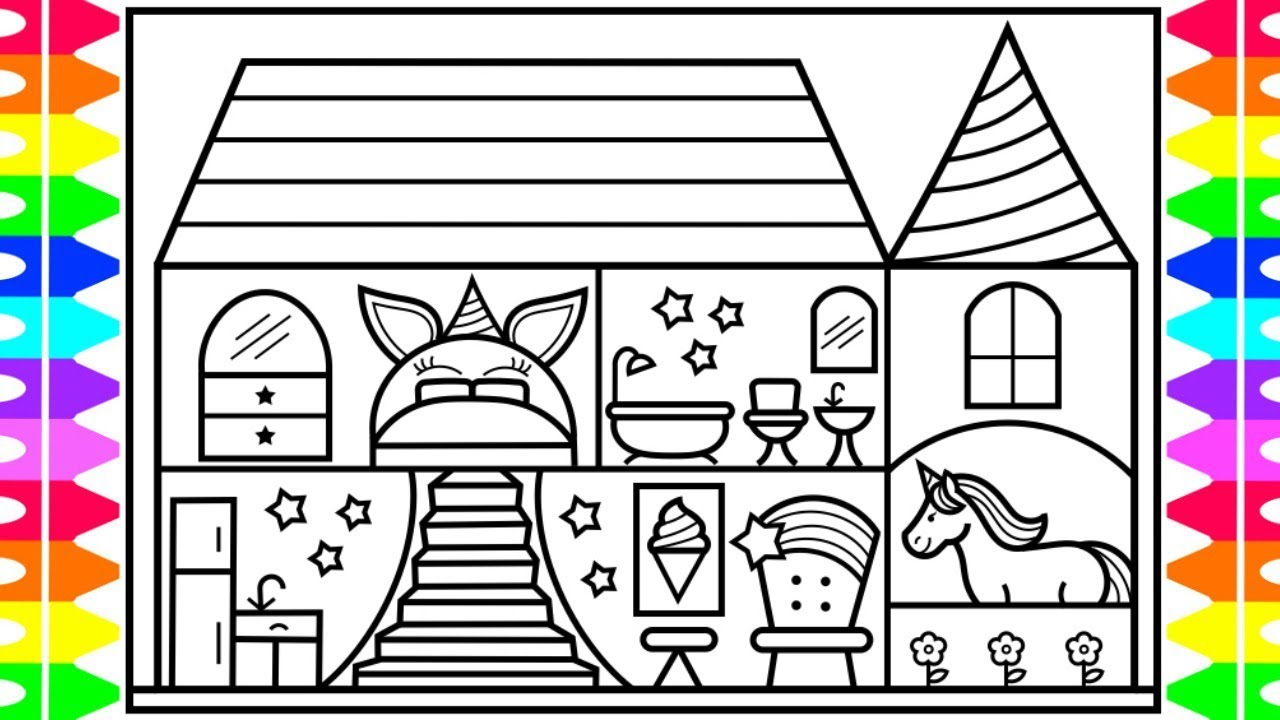 How to draw a unicorn house for kids ðððððunicorn house drawing and coloring page for kids