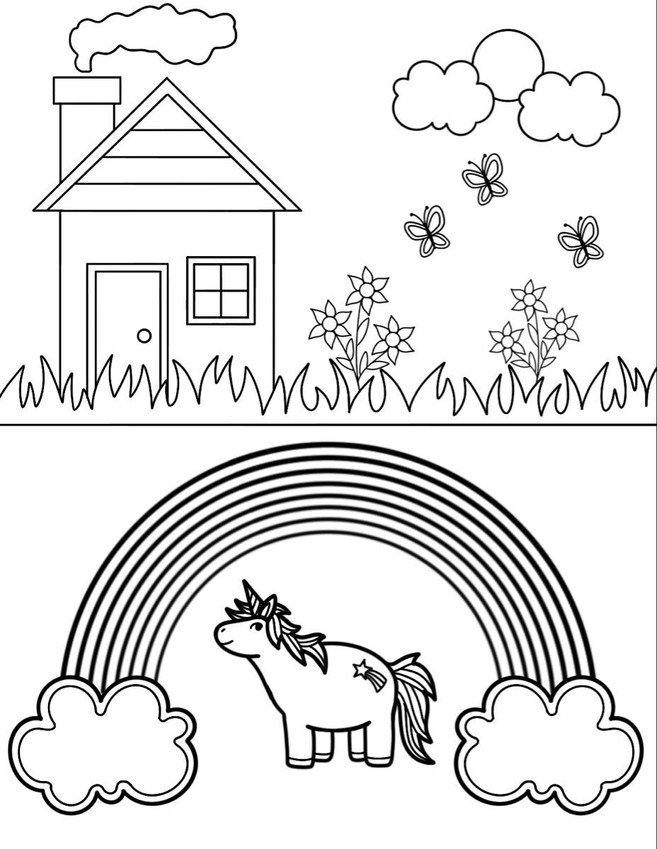 House and unicorn free printable coloring page