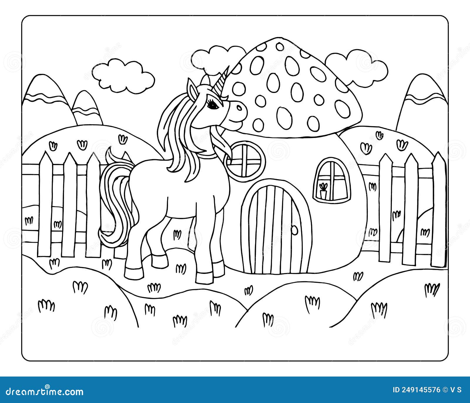 Cute horse unicorn and fantasy mushroom house on nature background sketch illustration for children s coloring book stock vector