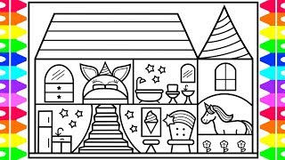 How to draw a unicorn house for kids ðððððunicorn house drawing and coloring page for kids