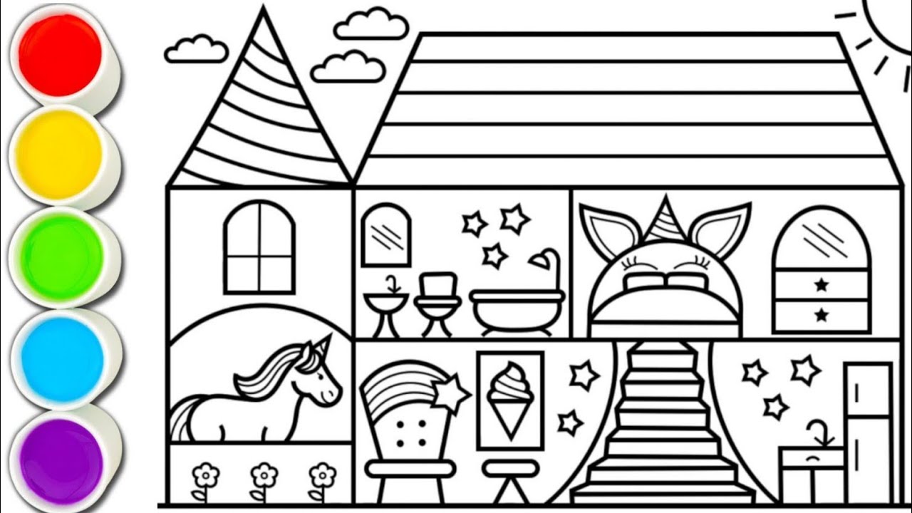 House of the unicorn drawing coloring painting for kids toddlers