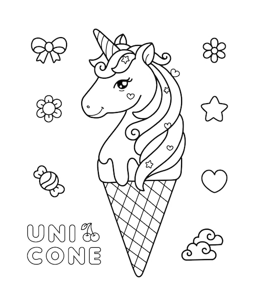 Premium vector unicone unicorn ice cream doodle coloring page